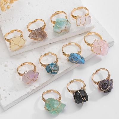 Bague Bohème en Cristal Réglable Fil Enroulé Irrégulier Pierre Naturelle