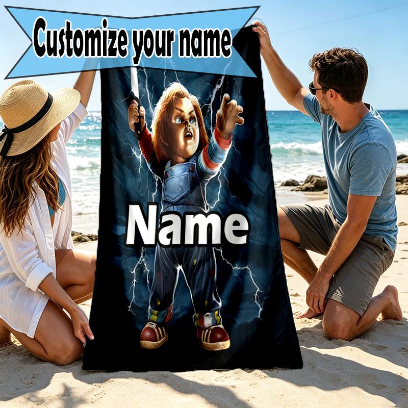 Custom Name Personalized horror movie Print Beach Towel, for Trip Camping Beach Party Home Decor, Birthday Gift for Family & Friends