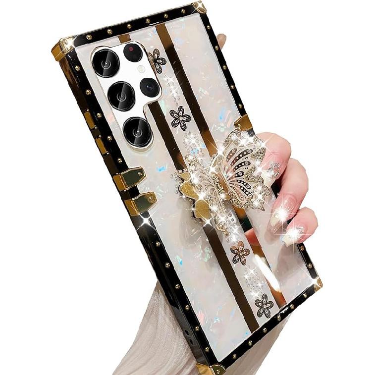 for Samsung Galaxy S25 Ultra Glitter Kickstand Case, Cute Luxury 3D Bling Sparkly Floral Diamond Butterfly with Ring Stand Elegant Shockproof Women