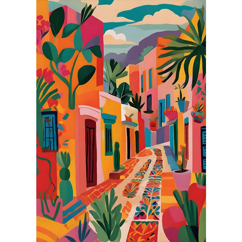 Vibrant Mexican Building Poster Colorful Floral Botanical Landscape Canvas Prints Painting Wall Art for Home Room Decor