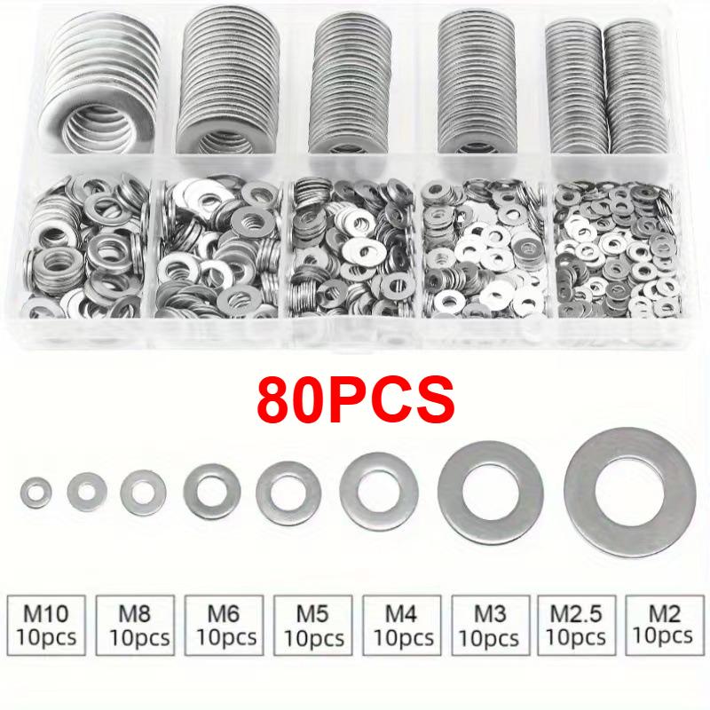 

80/180/360/540/720pcs M2 M2.5 M3 M4 M5 M6 M8 M10 Stainless Steel Flat Washer Plain Gaskets Metal Washers Rings for Screw Bolt Assortment Kits 80PCS