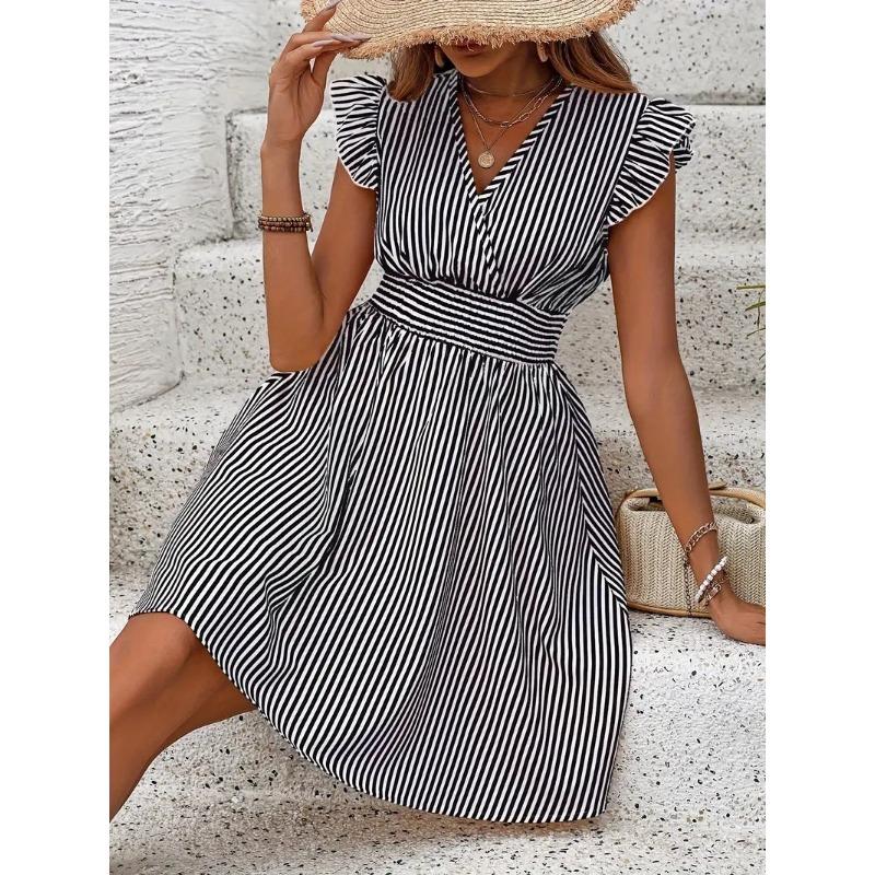 Summer Women Loose Beach Sundress Stripe Dress Ruffle Sleeve Sweetheart Pleated Mini Dress Elegant Black Dresses