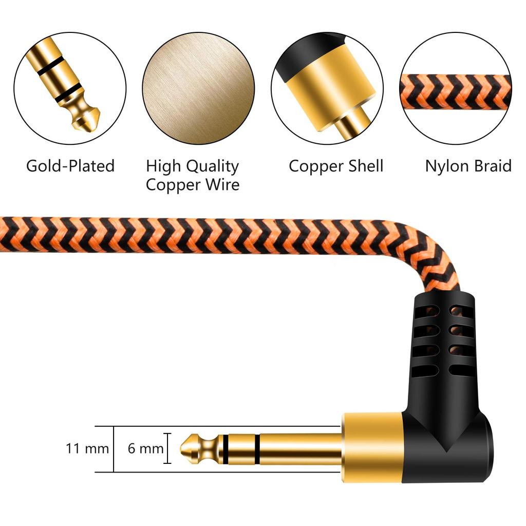 6.35mm Guitar Cable, 0.5m, 14" TRS Cable, Nylon Braided Multi-Shielded 6.35mm Stereo Jack 90 Degree Right Angle Male to 90 Degree Right Angle Male