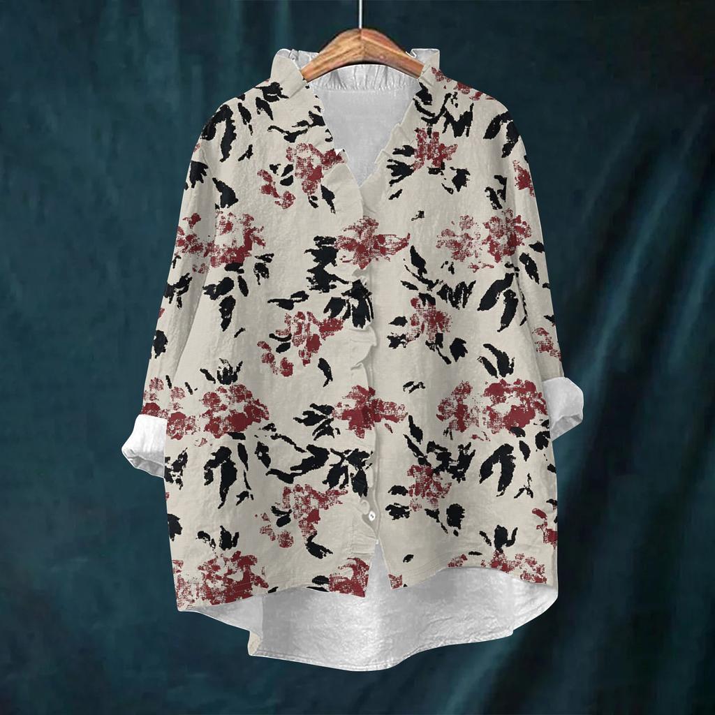 Women's Loose Ruffled Retro Floral Print Stand Collar Long Sleeve Cotton And Linen Top