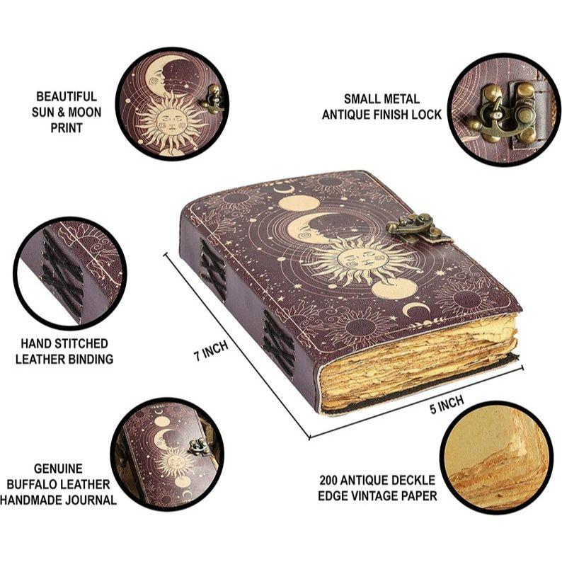 Sol og måne Vintage-look Leather Journal Antik Håndlaget Deckle Edge Paper, Leather Sketchbook bok med skygger, grimoire