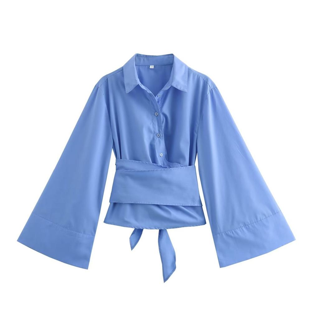 New Women's Fashion Casual Polo Neck Bow Tie Up Short Edition Double Breasted Poplin Shirt