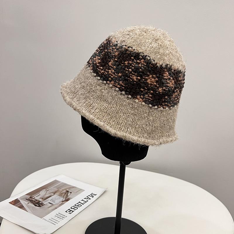 Mohair Wool Knitted Bucket Hat Women's Simple Contrasting Color Hat Waist Fashionable Retro Versatile Fisherman Hat