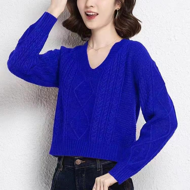 V-neck Sweater Short High Waisted Knit Sweater for Women's Trend Short Inner Pullover Sweater Solid Color Casual Knit Sweater Spring and Autumn Top