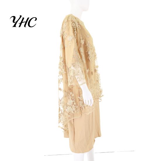 Lady Evening Dress O-neck High-Waist Plus Size Midi Embroidery Lace 3/4 Sleeve Female Clothing