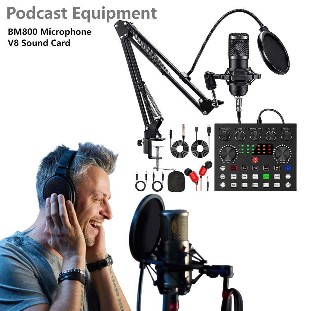 Podcast Equipment BM800 Microphone V8 Sound Card With Metal Shock Mount Filters For Video Recording Podcasting Live Broadcasting
