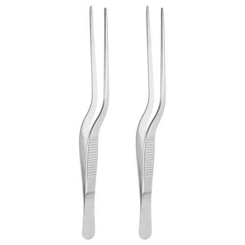 uxcell Offset Tweezers, 16cm Stainless Steel, Precision Serrated Tip Tweezers for Kitchen and Cooking, Gardening and Decorating, Plated, 2 Pieces