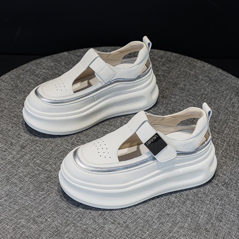 Baotou sandals women's summer new breathable hollow casual little white shoes thick sole inner height increase small women's shoes