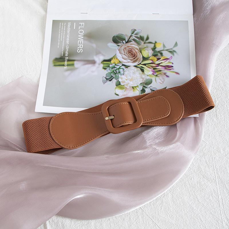 

Fashion Pu Wide Waist Belt With Adjustable Elastic Buckle For Casual Office Wear Brown