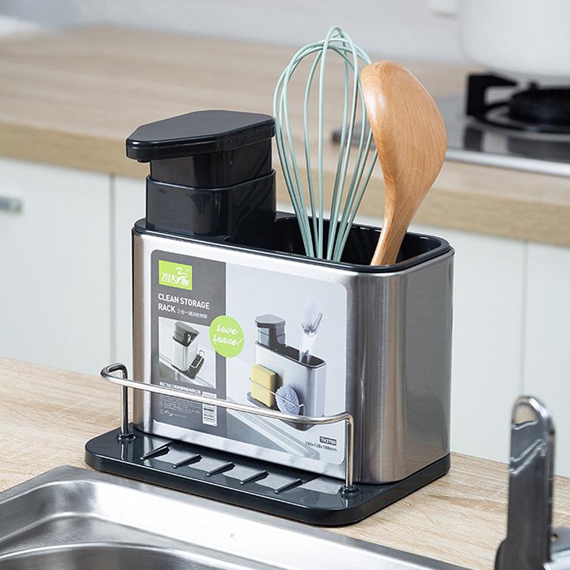3-In-1 Kitchen Stainless Steel Tableware Soap Dispenser, Sponge Holder, Sink Organizer Drain Rack, Suitable For Kitchen Sinks
