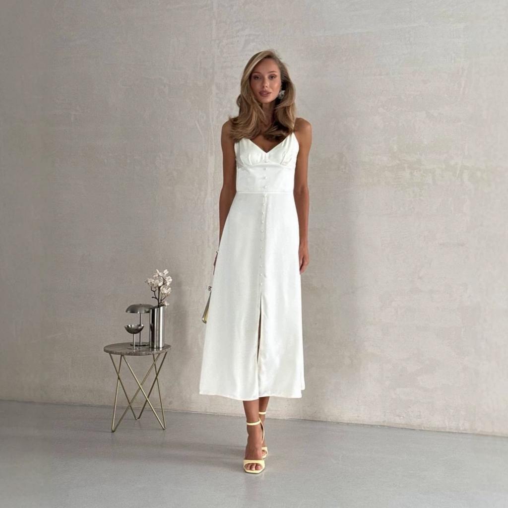 European and American Women's Clothing New French Gentle Wind Suspender Backless Waist Open Fork Wide Swing Dress