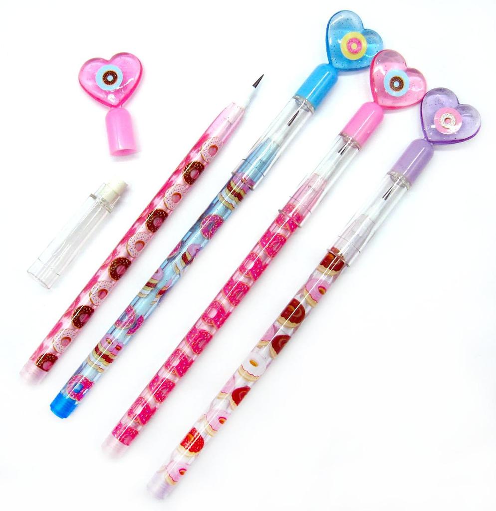 Tiny Mills Donut Stackable Push Pencil Set with Perfect for Donut Classroom Day and Exchanges Pencils per 24-Piece Multi-Point Erasers, Parties,