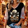 Women's V-Neck Casual Halloween Print Three-Quarter Sleeve Top for Fall Festive Occasions