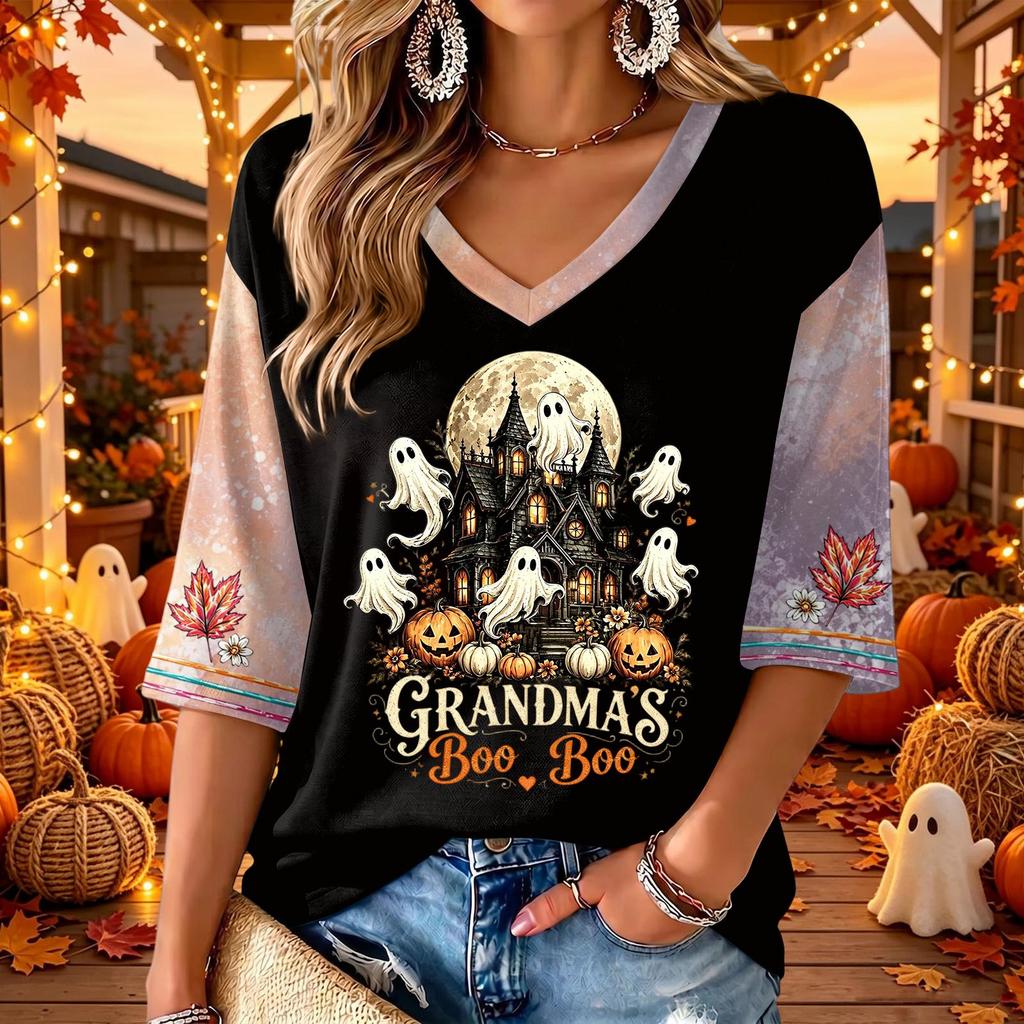 Women's V-Neck Casual Halloween Print Three-Quarter Sleeve Top for Fall Festive Occasions