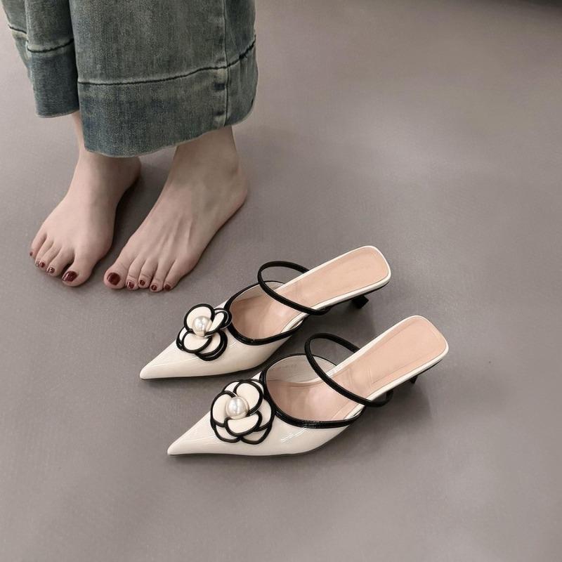 Designer Flower Decoration Women Sandals Summer BaoTou Half Slippers Pointe Toe Lady Slippers Luxury Banquet Party Shoes