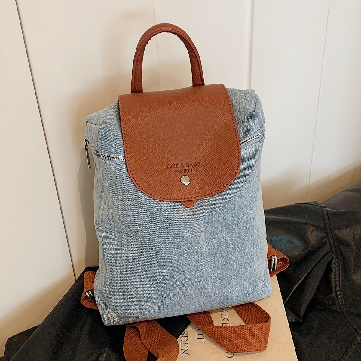Wucifang Bags Women's Dark Blue Fashion Denim Backpack New Large-Capacity Versatile Handbag