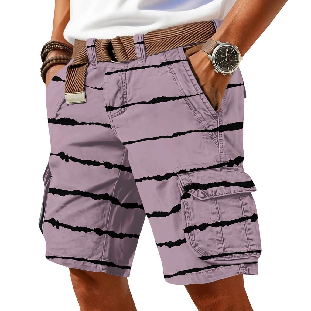 Men's casual trend striped printed short pants - Men's multi-pocket work- athletic shorts (without waistband)