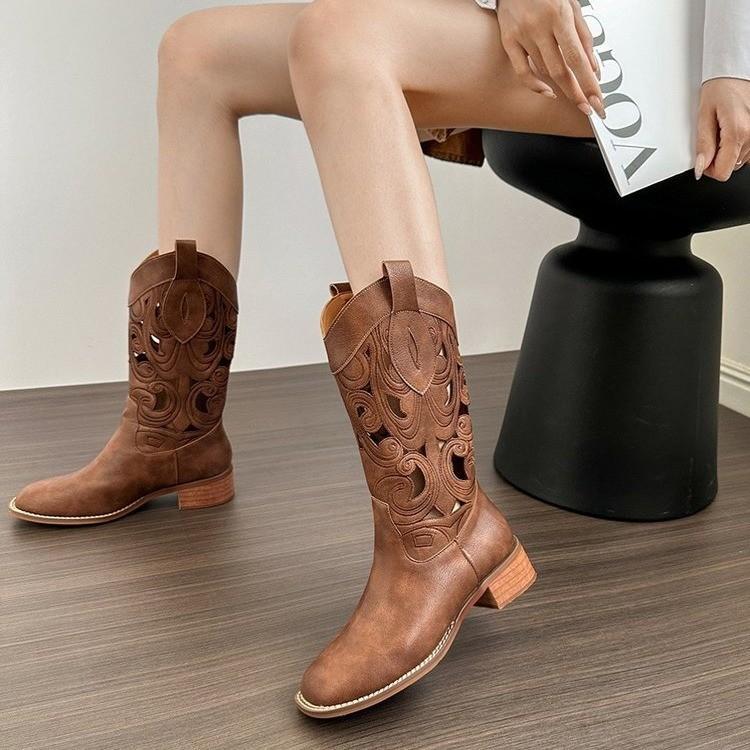 Embroidered retro western cowboy boots hollow summer thin boots women's summer breathable fashion boots medium tube knight boots