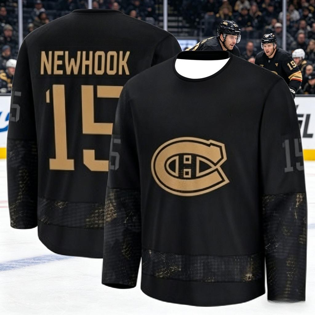 Tuta da Allenamento per Hockey su Ghiaccio Maschile Canadese - Traspirante, Asciugatura Rapida Versione Nera e Oro Manica Lunga Top Famiglia