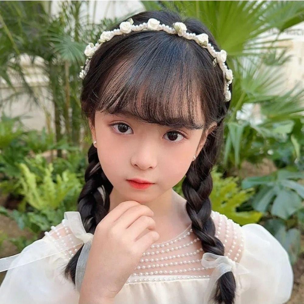 Spring Summer Kids Rose Headband Bow Braided Non-Slip Hair Hoop Hair Accessory Girls Princess Style Flower Wreath Headband Gift