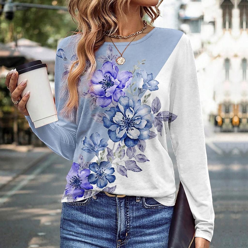 Spring and Autumn Round Neck 3D Color Block Floral Printed Top Fashionable Casual Long Sleeved Women's T-shirts