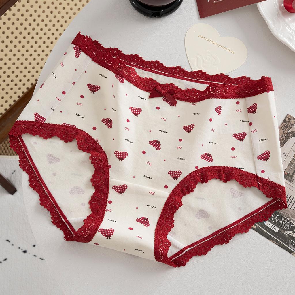 Plus Size Lady Spring and Summer Wedding Celebration Red Lace Cotton Extended Middle Waist Triangle Briefs