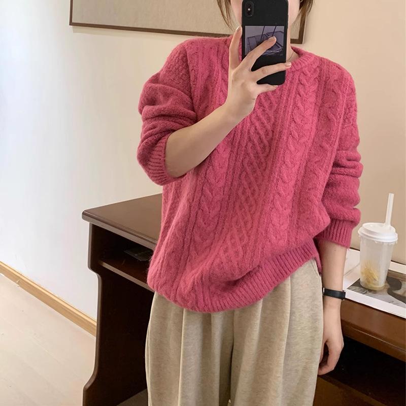 

Lazy wind thickened retro twisted pullover sweater women s autumn and winter new loose round neck knitted bottoming top One size розы красного