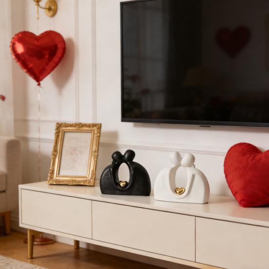 Ceramic Couple Statue Hugging Kissing Lover Figurine for TV Stand Shelf Decor Romantic Couple Heart Sculpture for Wedding Anniversary Gift