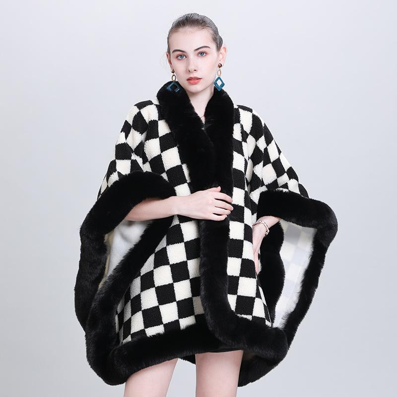 Fashion Scarf Shawl Thickened Plaid Fur Collar Cape Shawl 0982 #