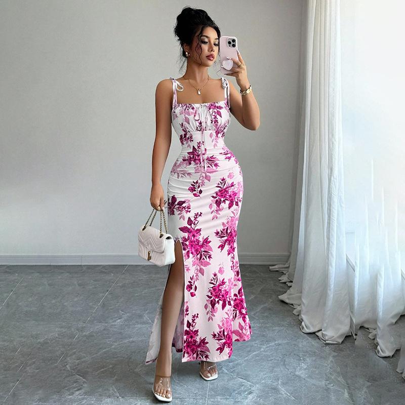 Import and Export, European and American Women's Clothing Suspender Flower Slim Split Dress