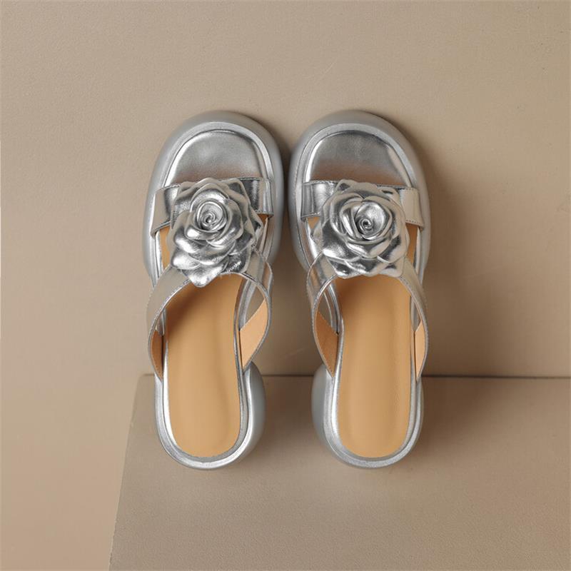 Fashion outerwear thick-soled Roman slippers soft leather one-character flower sandals thick heel muffin bottom gold open-toed sandals