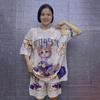 Women's Summer Cartoon Plus Size Two-Piece: Loose Knit Crew Neck Cutout Ice Silk Top & Hot Drilling Fashion Tee