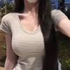 Korean Style 2025 Striped V-Neck Slimming T-Shirt - Elastic, Comfortable, Short Sleeve