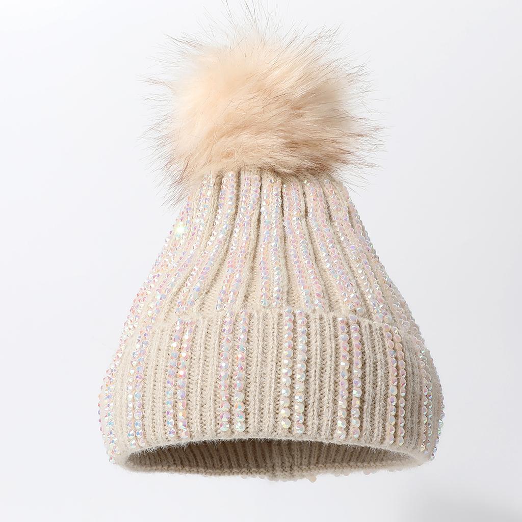 Solid Color Outdoor Cold Protection And Warm Hat, Knitted Hat, Thickened Pom-Pom Full Drill Sleeve Hat.