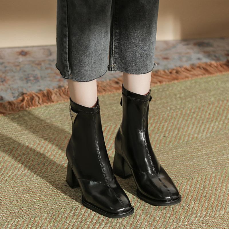 

H793-2 Дизайнерские женские кожаные ботинки, строчка, квадратный носок, толстый каблук, модные ботинки Мартин, средняя голень, осень и зима, новинка 35