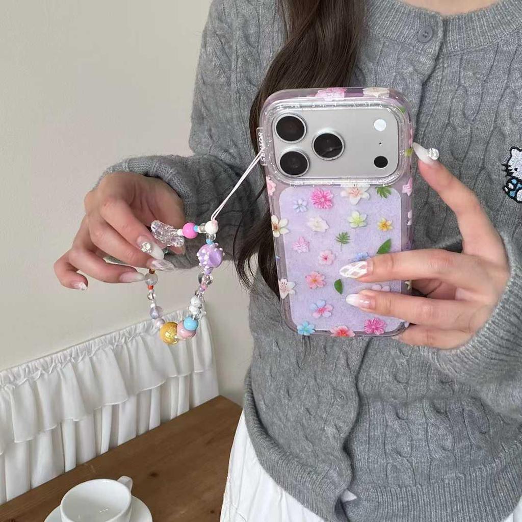 Korean Aesthetic Glitter Flower Chain Case for iPhone 14/15/16/17 Pro Max