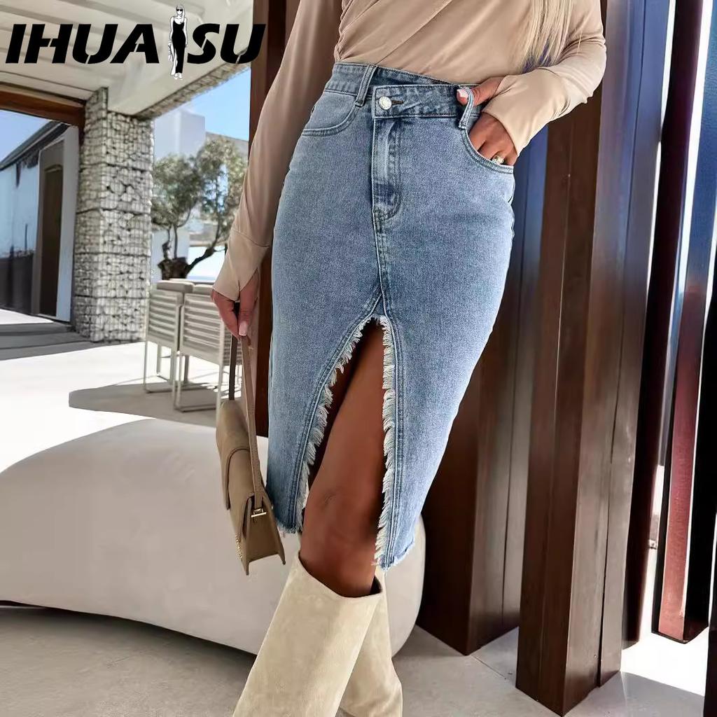 IHUASU Frisch, Süß, Geschlitzt, Modisch und Lässig Einfarbiger Denim-Wickelrock für Frühling und Sommer