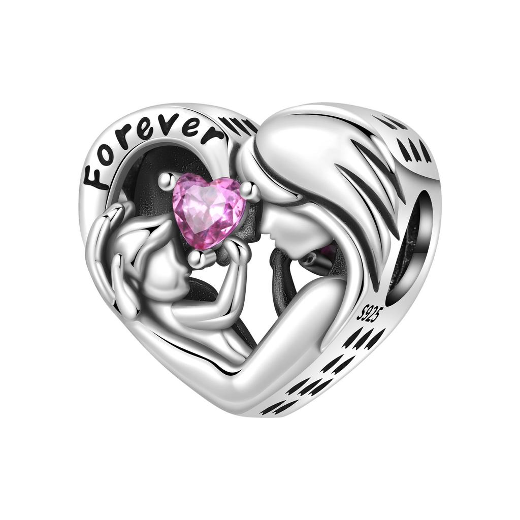 Orstarry S925 Silver Charm Loving Mom and Child Heart Bead Pendant For Bracelet DIY Jewelry Making Mother's Day Gift