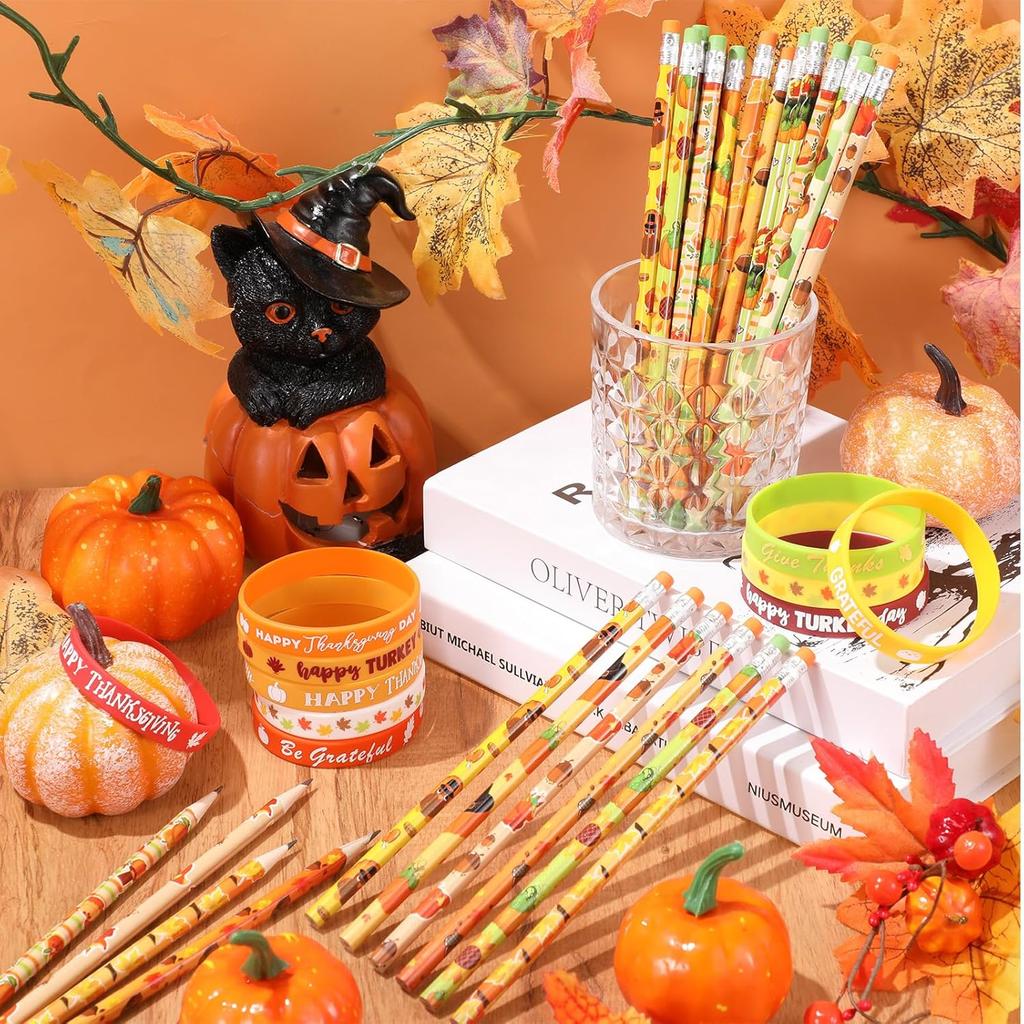 Sabary 48 Pcs Fall Pencils Thanksgiving Silicone Bracelets Set Thanksgiving Party Favors Maple Leaf Pencils Bulk Turkey Wristbands Pumpkin Bracelet