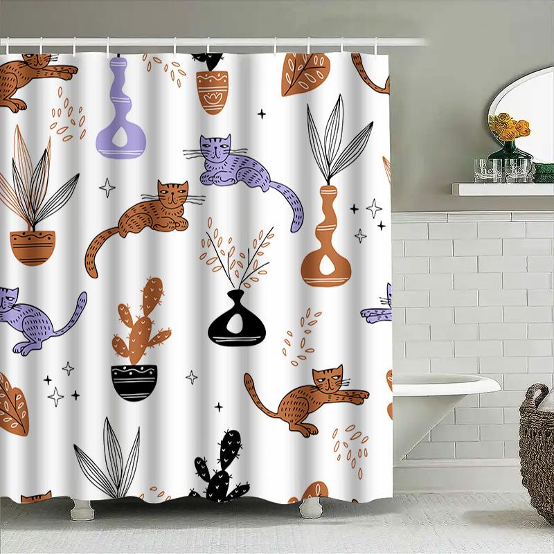 Modern Bathroom Shower Curtain With Flora Cats Design White Polyester Fabric Waterproof Decorative For Home Bathrooms