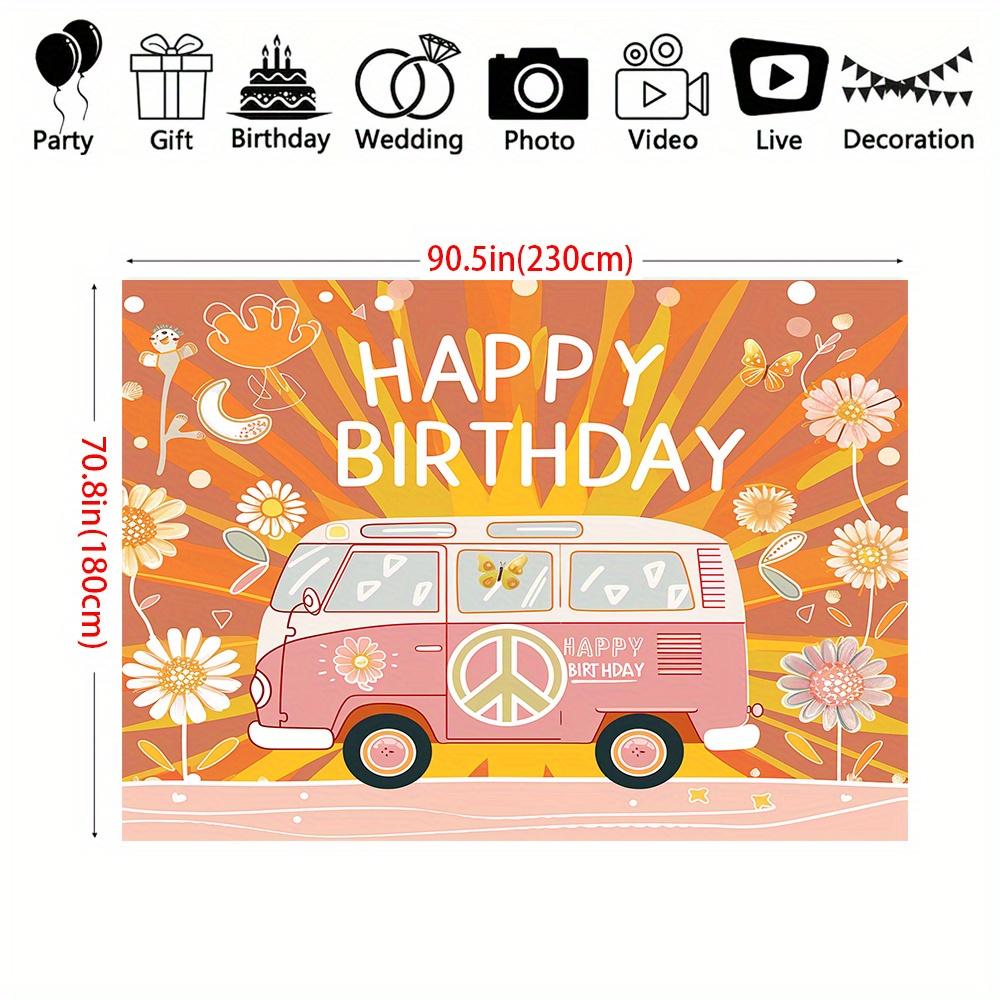 Retro 70's hippie theme Happy Birthday Bohemian Daisy bus background cloth, party decoration background props