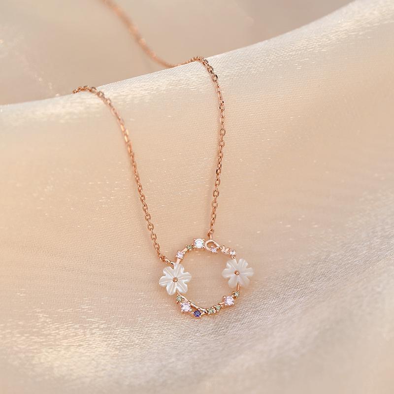 S925 Sterling Silver Shell Flower Necklace - French Style Collarbone Chain for Women S925 Silver розового золота
