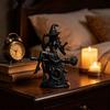Small Fantasy Witch Figurine Gothic On Broom Statue, 3D Printed Spooky Tabletop for Decoration Home Party, Black Halloween Desk Decor with Pointy Hat,