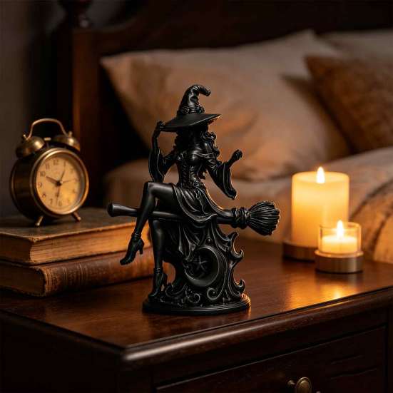 Small Fantasy Witch Figurine Gothic On Broom Statue, 3D Printed Spooky Tabletop for Decoration Home Party, Black Halloween Desk Decor with Pointy Hat,