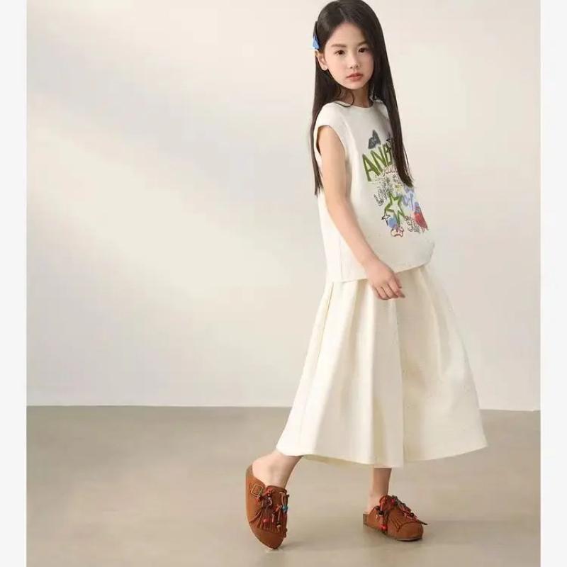Girls' Tank Top Set, Children's Summer Fashionable Trendy Outfit, Short Sleeve Wide-leg Pants Summer Two-piece Set