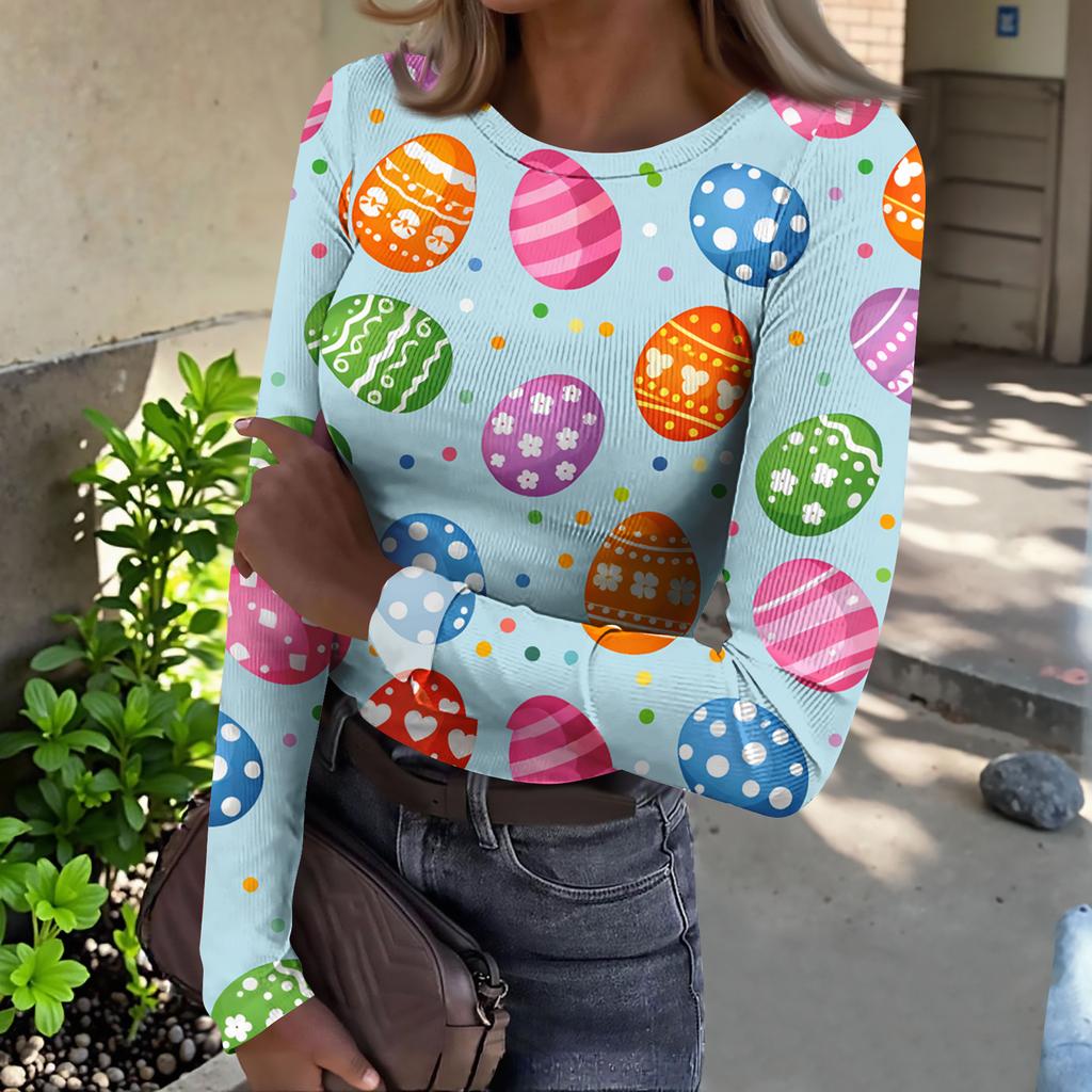 T-shirt da Donna Invernale Slim alla Moda Casual Stampata Girocollo Pullover Manica Lunga Top